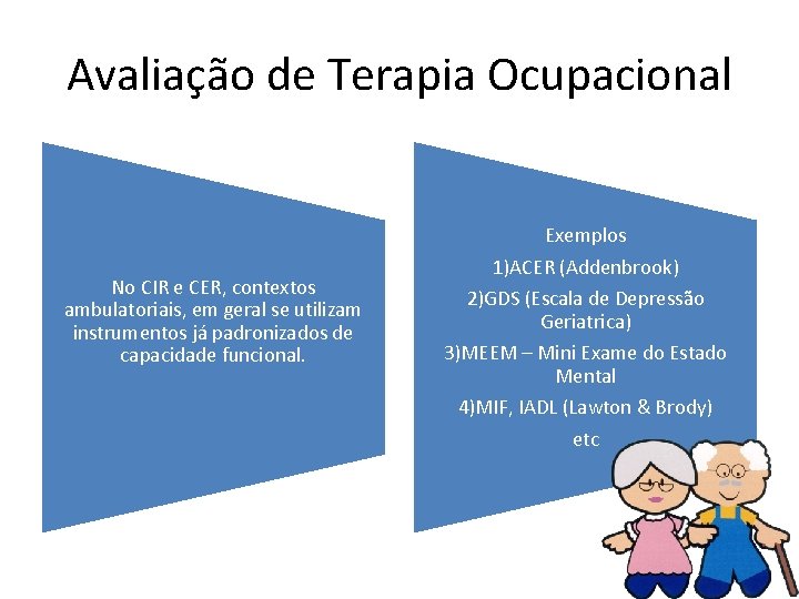 Avaliação de Terapia Ocupacional No CIR e CER, contextos ambulatoriais, em geral se utilizam