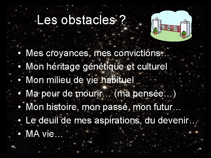 Les obstacles ? • • Mes croyances, mes convictions… Mon héritage génétique et culturel