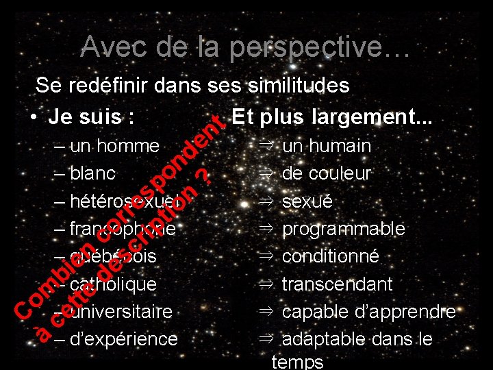 Avec de la perspective… Se redéfinir dans ses similitudes • Je suis : t