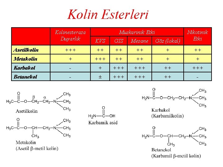 Kolin Esterleri Kolinesteraza Duyarlık Muskarinik Etki KVS GIS Mesane Göz (lokal) Nikotinik Etki Asetilkolin