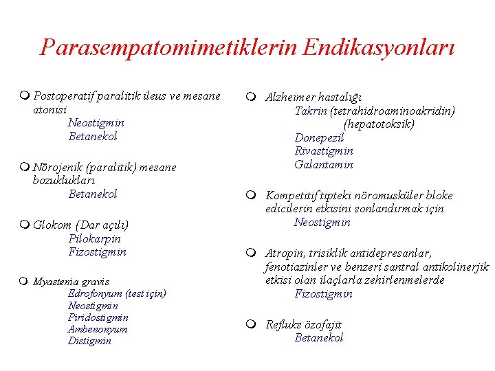 Parasempatomimetiklerin Endikasyonları m Postoperatif paralitik ileus ve mesane atonisi Neostigmin Betanekol m Nörojenik (paralitik)