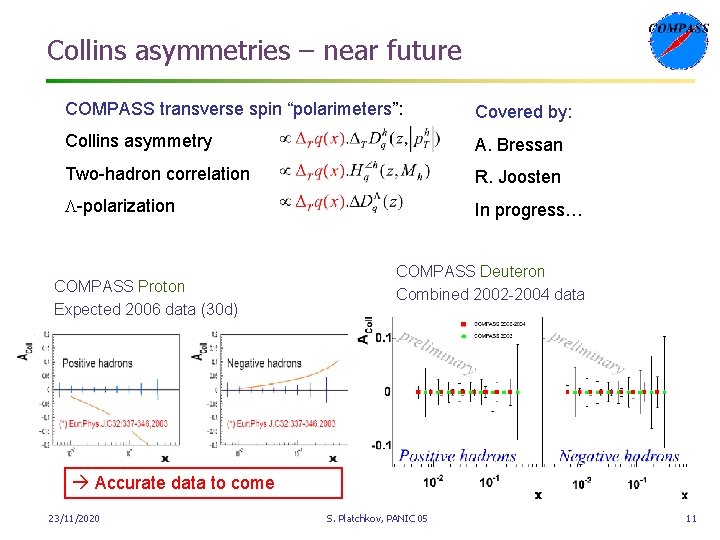 Collins asymmetries – near future COMPASS transverse spin “polarimeters”: Covered by: Collins asymmetry A.