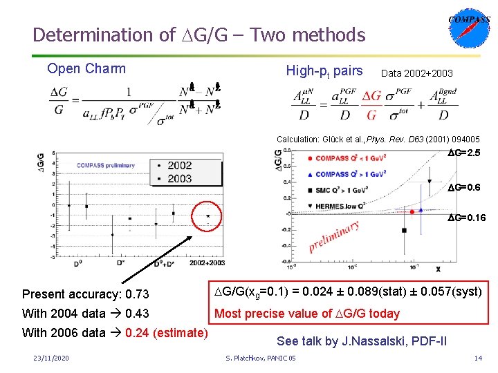 Determination of DG/G – Two methods Open Charm High-pt pairs Data 2002+2003 Calculation: Glück