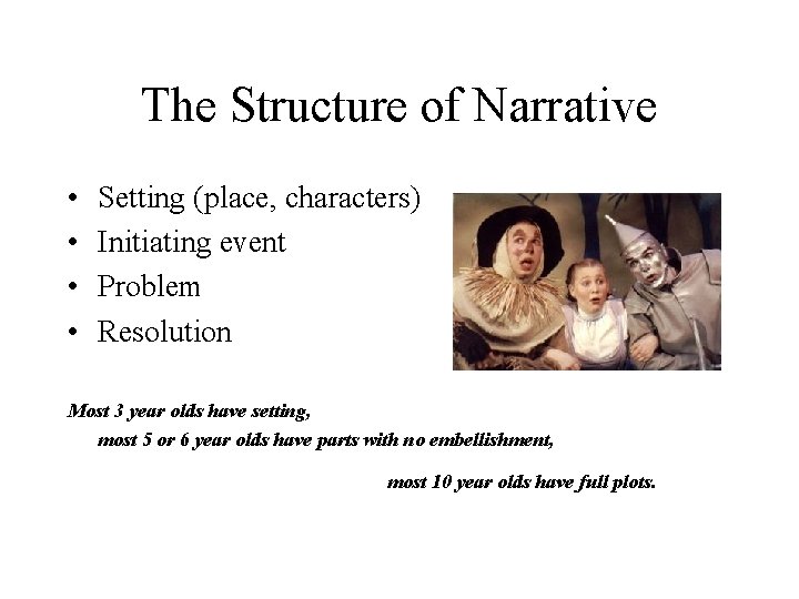 The Structure of Narrative • • Setting (place, characters) Initiating event Problem Resolution Most