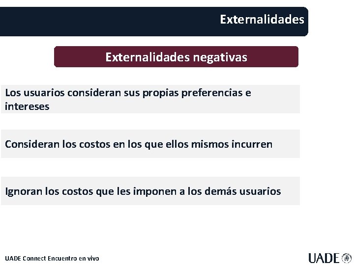 Externalidades negativas Los usuarios consideran sus propias preferencias e intereses Consideran los costos en