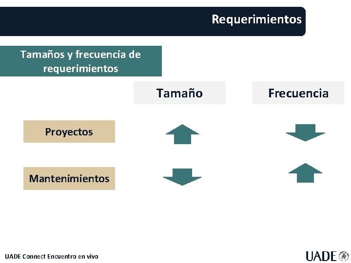 Requerimientos Tamaños y frecuencia de requerimientos Tamaño Proyectos Mantenimientos UADE Connect Encuentro en vivo