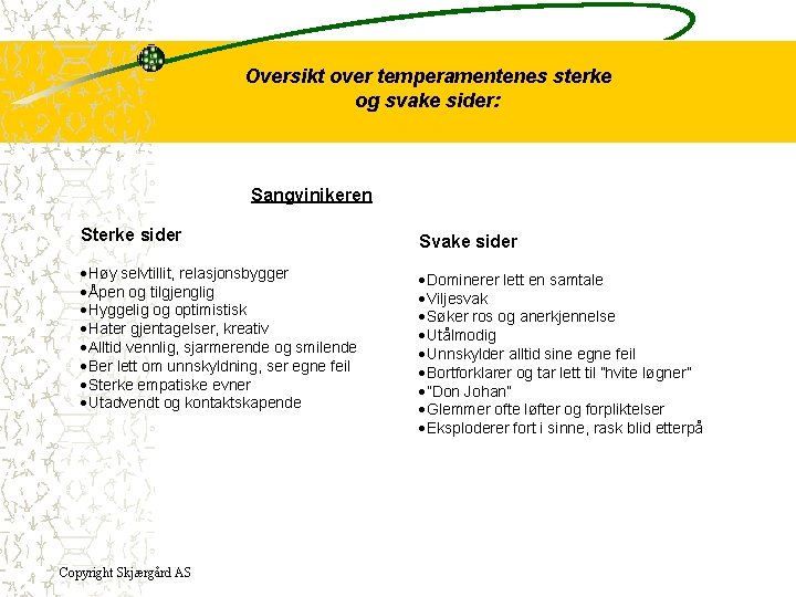 Oversikt over temperamentenes sterke og svake sider: Sangvinikeren Sterke sider Svake sider ·Høy selvtillit,