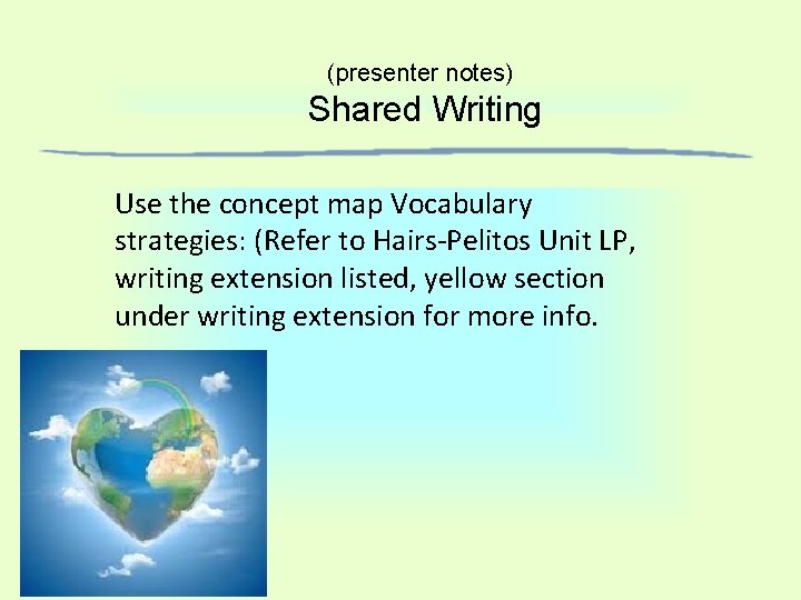 (presenter notes) Shared Writing Use the concept map Vocabulary strategies: (Refer to Hairs-Pelitos Unit (presenter notes) Shared Writing Use the concept map Vocabulary strategies: (Refer to Hairs-Pelitos Unit