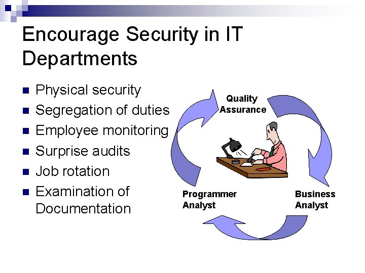 Encourage Security in IT Departments n n n Physical security Segregation of duties Employee