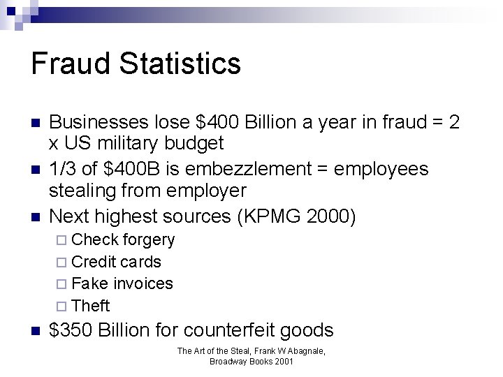 Fraud Statistics n n n Businesses lose $400 Billion a year in fraud =