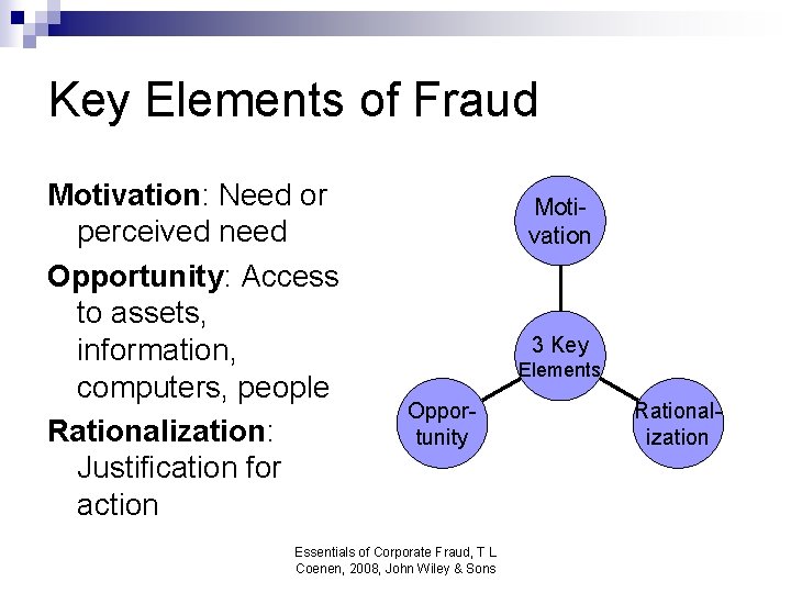 Key Elements of Fraud Motivation: Need or perceived need Opportunity: Access to assets, information,