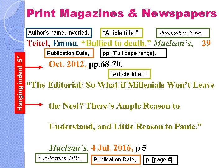 Print Magazines & Newspapers Author’s name, inverted. “Article title. ” Publication Title, Hanging indent.