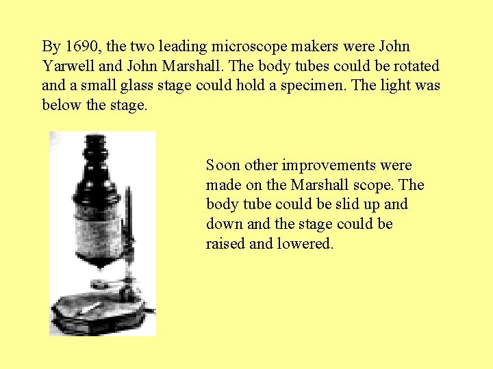 By 1690, the two leading microscope makers were John Yarwell and John Marshall. The