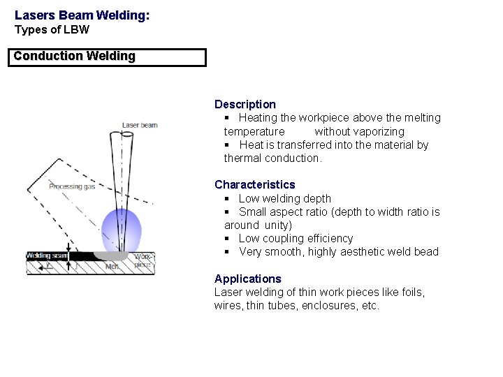 Lasers Beam Welding: Types of LBW Conduction Welding Description § Heating the workpiece above