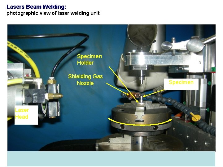 Lasers Beam Welding: photographic view of laser welding unit Specimen Holder Shielding Gas Nozzle