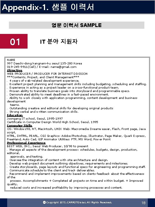 Appendix-1. 샘플 이력서 영문 이력서 SAMPLE 01 IT 분야 지원자 NAME 997 Daechi-dong kangnam-ku