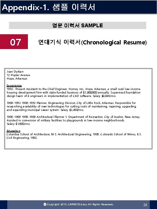 Appendix-1. 샘플 이력서 영문 이력서 SAMPLE 07 연대기식 이력서(Chronological Resume) Joan Durban 12 Poplar