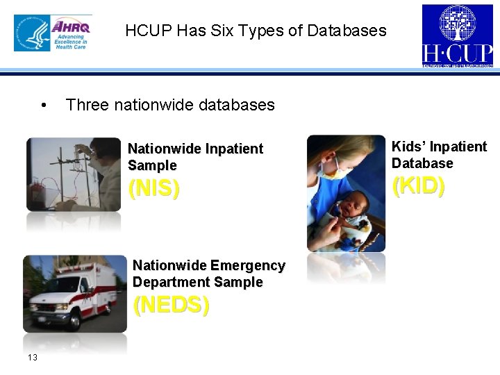 HCUP Has Six Types of Databases • Three nationwide databases Nationwide Inpatient Sample (NIS)