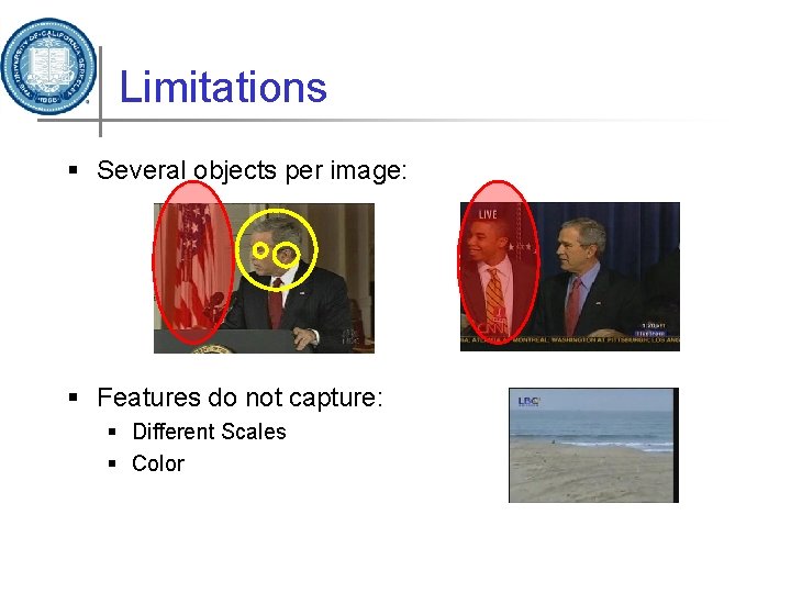 Limitations § Several objects per image: § Features do not capture: § Different Scales