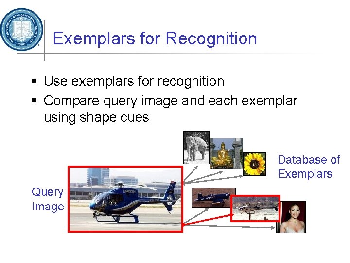 Exemplars for Recognition § Use exemplars for recognition § Compare query image and each