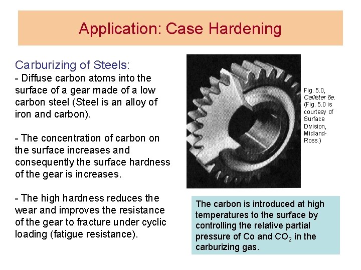 Application: Case Hardening Carburizing of Steels: - Diffuse carbon atoms into the surface of