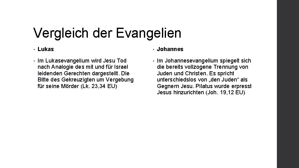 Vergleich der Evangelien • Lukas • Johannes • Im Lukasevangelium wird Jesu Tod nach