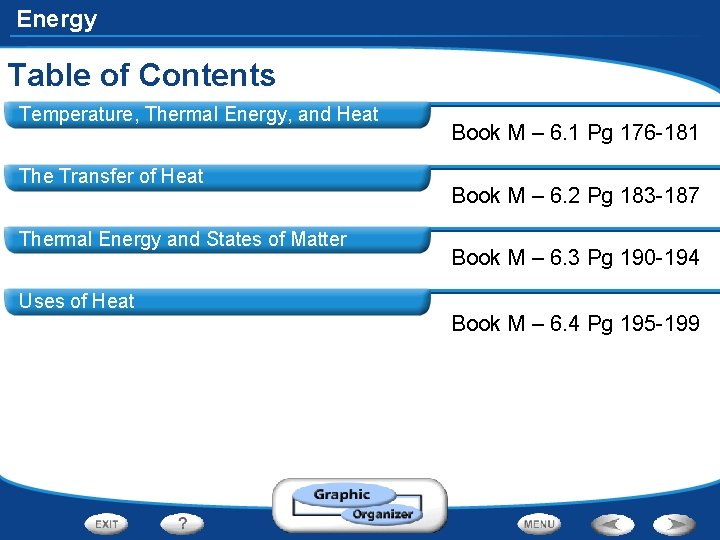 Energy Table of Contents Temperature, Thermal Energy, and Heat The Transfer of Heat Thermal