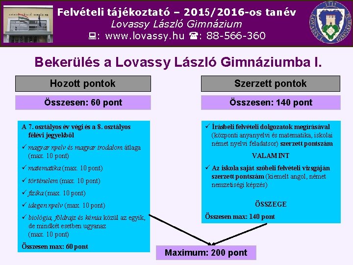 Felvételi tájékoztató – 2015/2016 -os tanév Lovassy László Gimnázium : www. lovassy. hu :