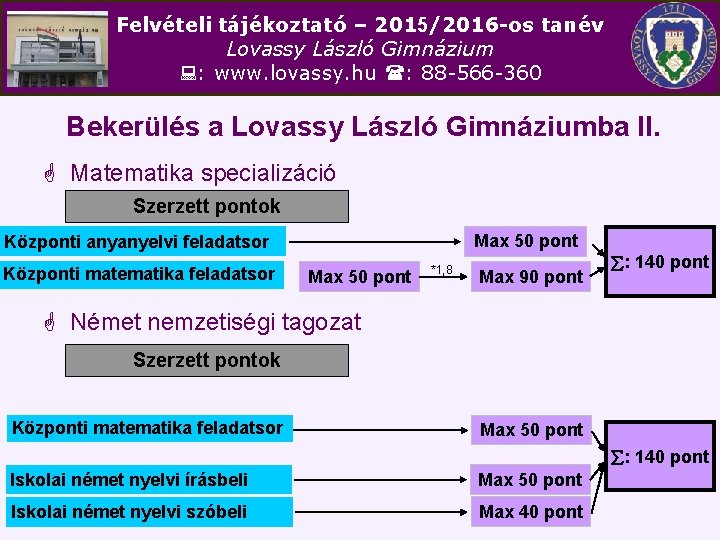 Felvételi tájékoztató – 2015/2016 -os tanév Lovassy László Gimnázium : www. lovassy. hu :