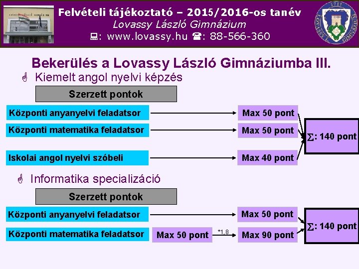 Felvételi tájékoztató – 2015/2016 -os tanév Lovassy László Gimnázium : www. lovassy. hu :