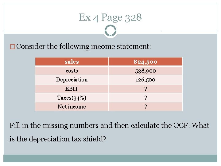 Ex 4 Page 328 � Consider the following income statement: sales 824, 500 costs