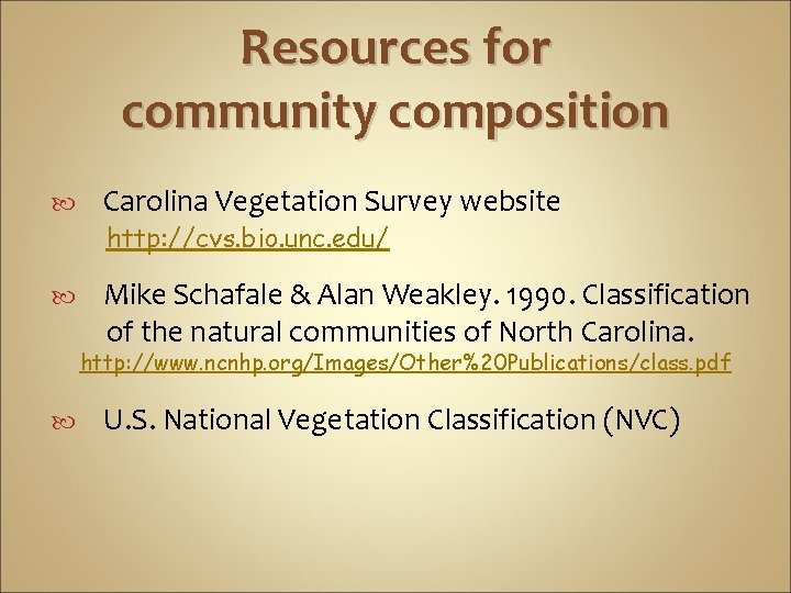 Resources for community composition Carolina Vegetation Survey website http: //cvs. bio. unc. edu/ Mike