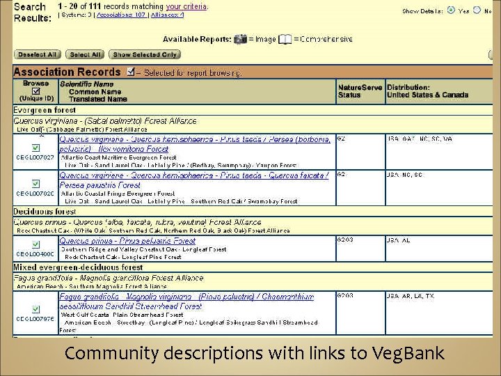T Community descriptions with links to Veg. Bank 