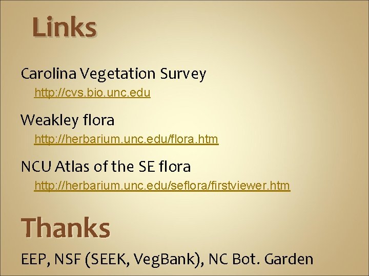 Links Carolina Vegetation Survey http: //cvs. bio. unc. edu Weakley flora http: //herbarium. unc.
