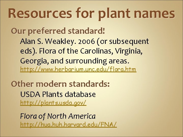 Resources for plant names Our preferred standard! Alan S. Weakley. 2006 (or subsequent eds).