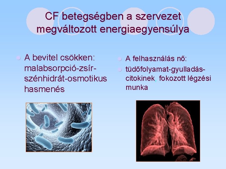 CF betegségben a szervezet megváltozott energiaegyensúlya l A bevitel csökken: malabsorpció-zsírszénhidrát-osmotikus hasmenés A felhasználás