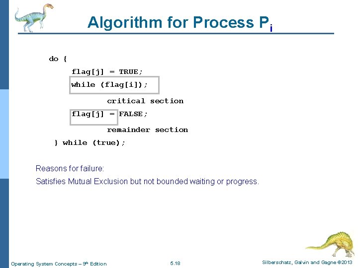 Algorithm for Process Pi do { flag[j] = TRUE; while (flag[i]); critical section flag[j]