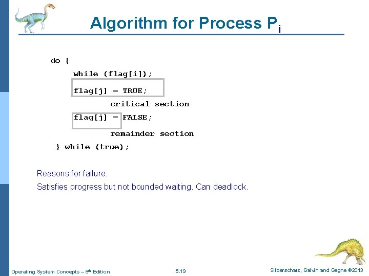 Algorithm for Process Pi do { while (flag[i]); flag[j] = TRUE; critical section flag[j]