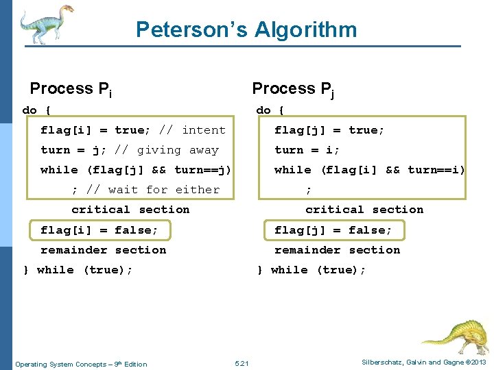 Peterson’s Algorithm Process Pi Process Pj do { flag[i] = true; // intent flag[j]