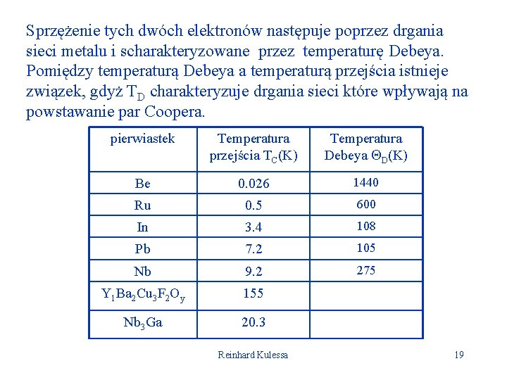 Sprzężenie tych dwóch elektronów następuje poprzez drgania sieci metalu i scharakteryzowane przez temperaturę Debeya.