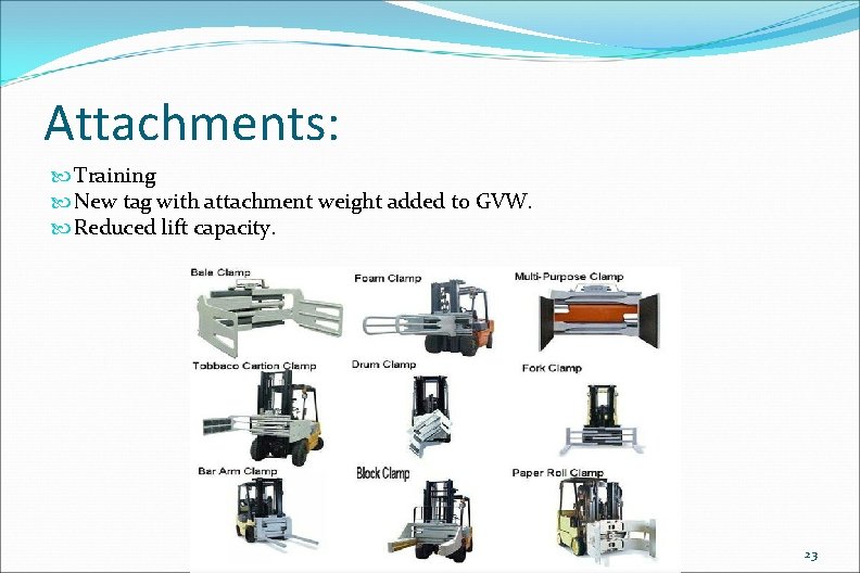 Attachments: Training New tag with attachment weight added to GVW. Reduced lift capacity. 23