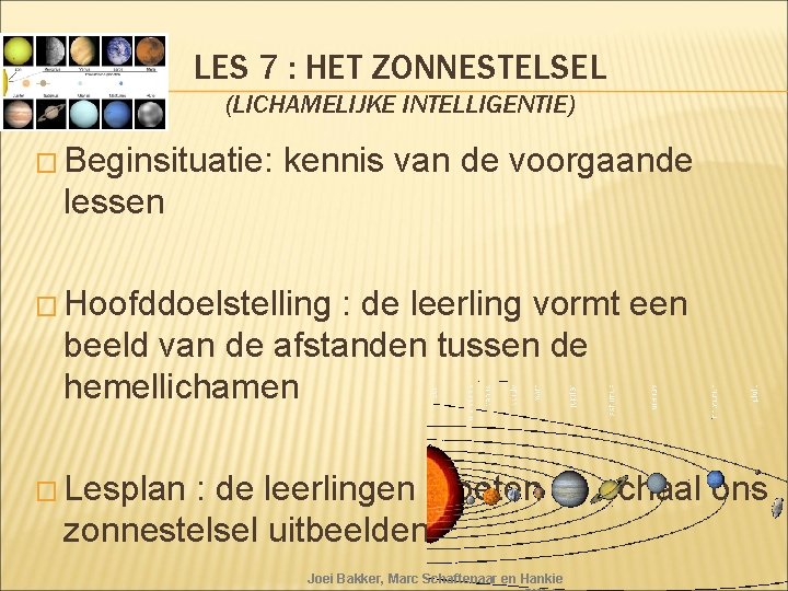 LES 7 : HET ZONNESTELSEL (LICHAMELIJKE INTELLIGENTIE) � Beginsituatie: kennis van de voorgaande lessen