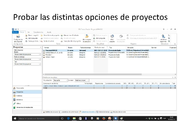 Probar las distintas opciones de proyectos 