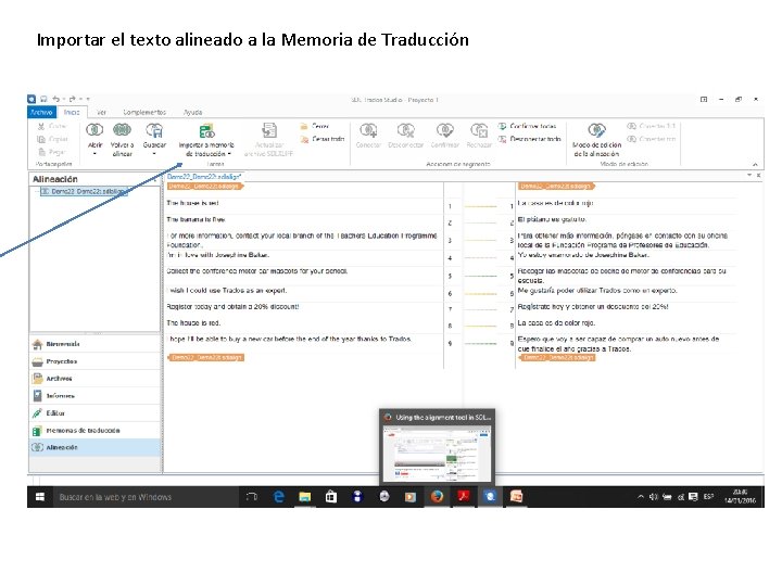 Importar el texto alineado a la Memoria de Traducción 