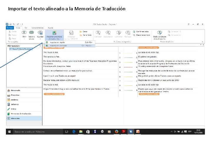 Importar el texto alineado a la Memoria de Traducción 