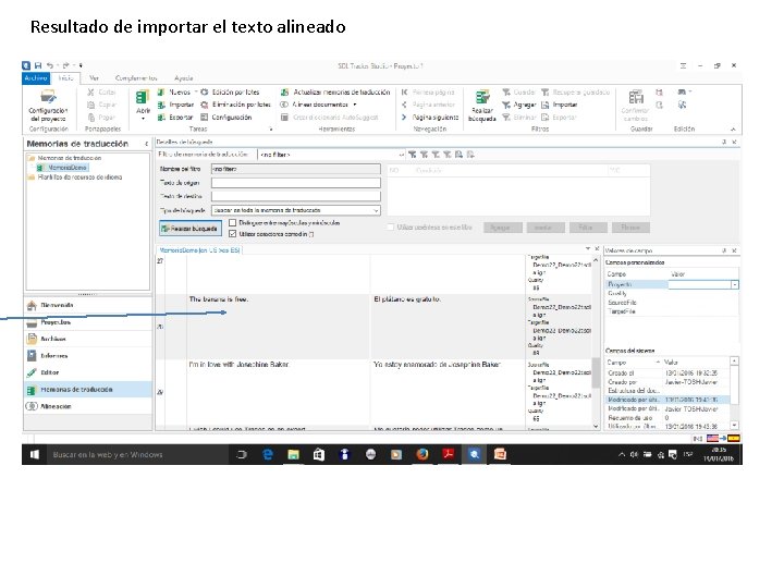 Resultado de importar el texto alineado 