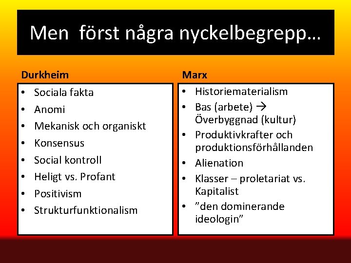 Men först några nyckelbegrepp… Durkheim • • Sociala fakta Anomi Mekanisk och organiskt Konsensus