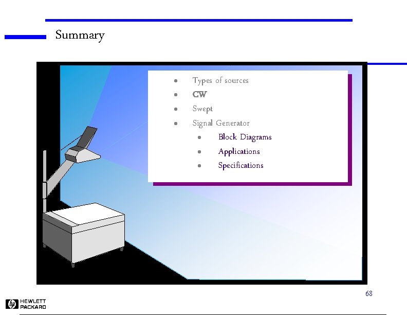 Summary l l Types of sources CW Swept Signal Generator l Block Diagrams l