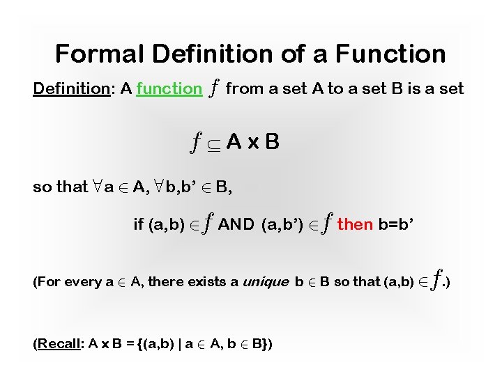 Formal Definition of a Function Definition: A function f from a set A to