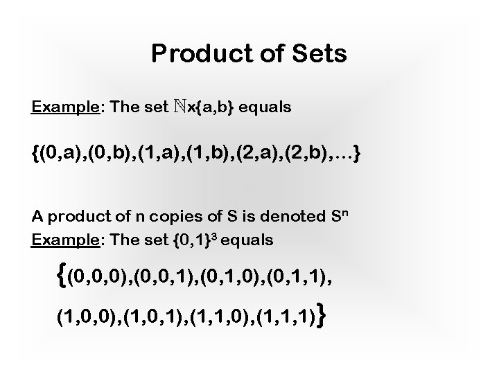 Product of Sets Example: The set Nx{a, b} equals {(0, a), (0, b), (1,